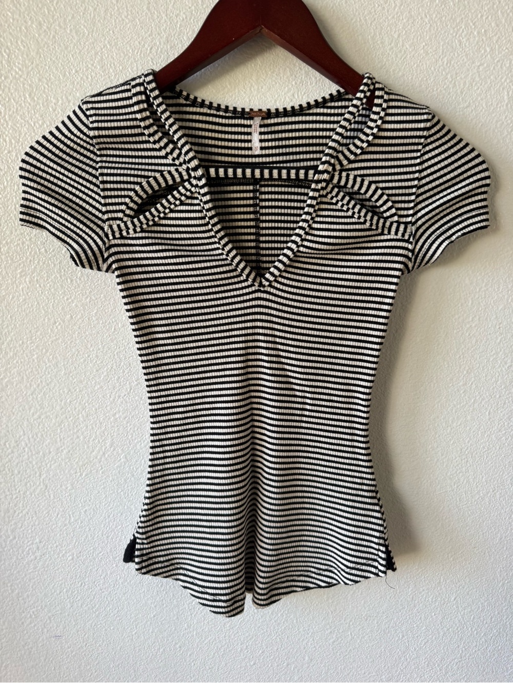 Free People Black & White Striped V-Neck Short Sleeve Top